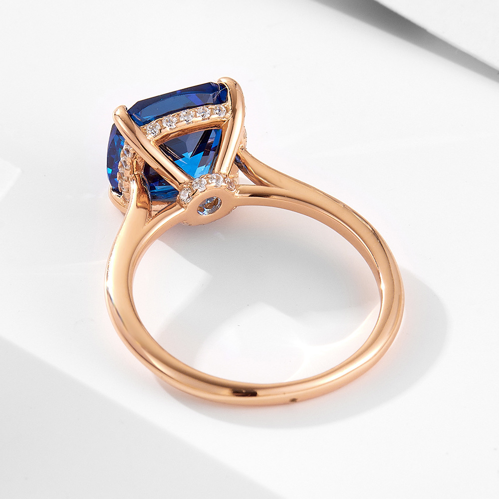 Blue cushion-shaped 10*10 zircon sterling silver ring plated with rose gold, women's luxury European and American style gemstone quality.