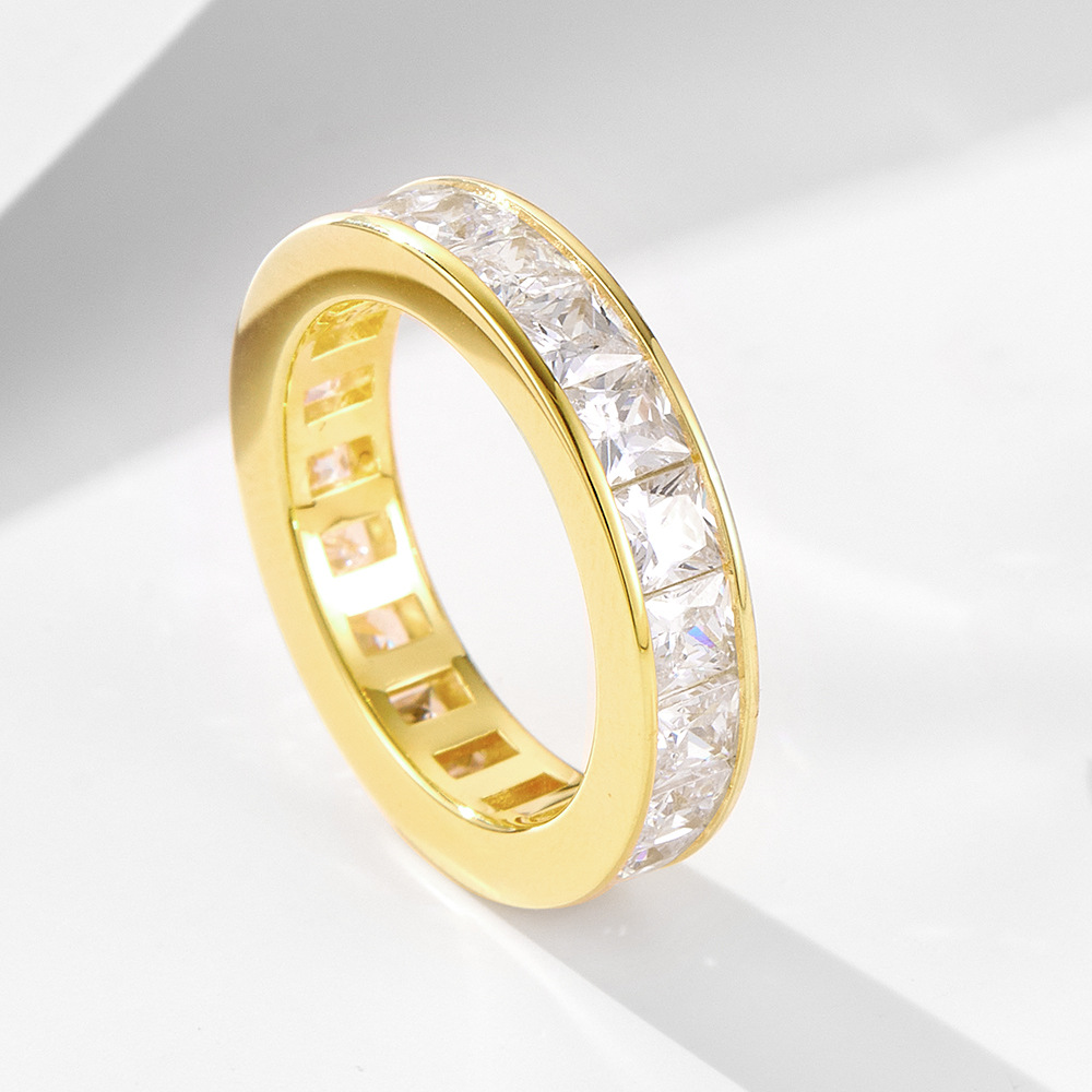 14k gold-plated diamond ring for women, European and American style jewelry, 925 sterling silver, simple, unique, versatile square zircon ring.