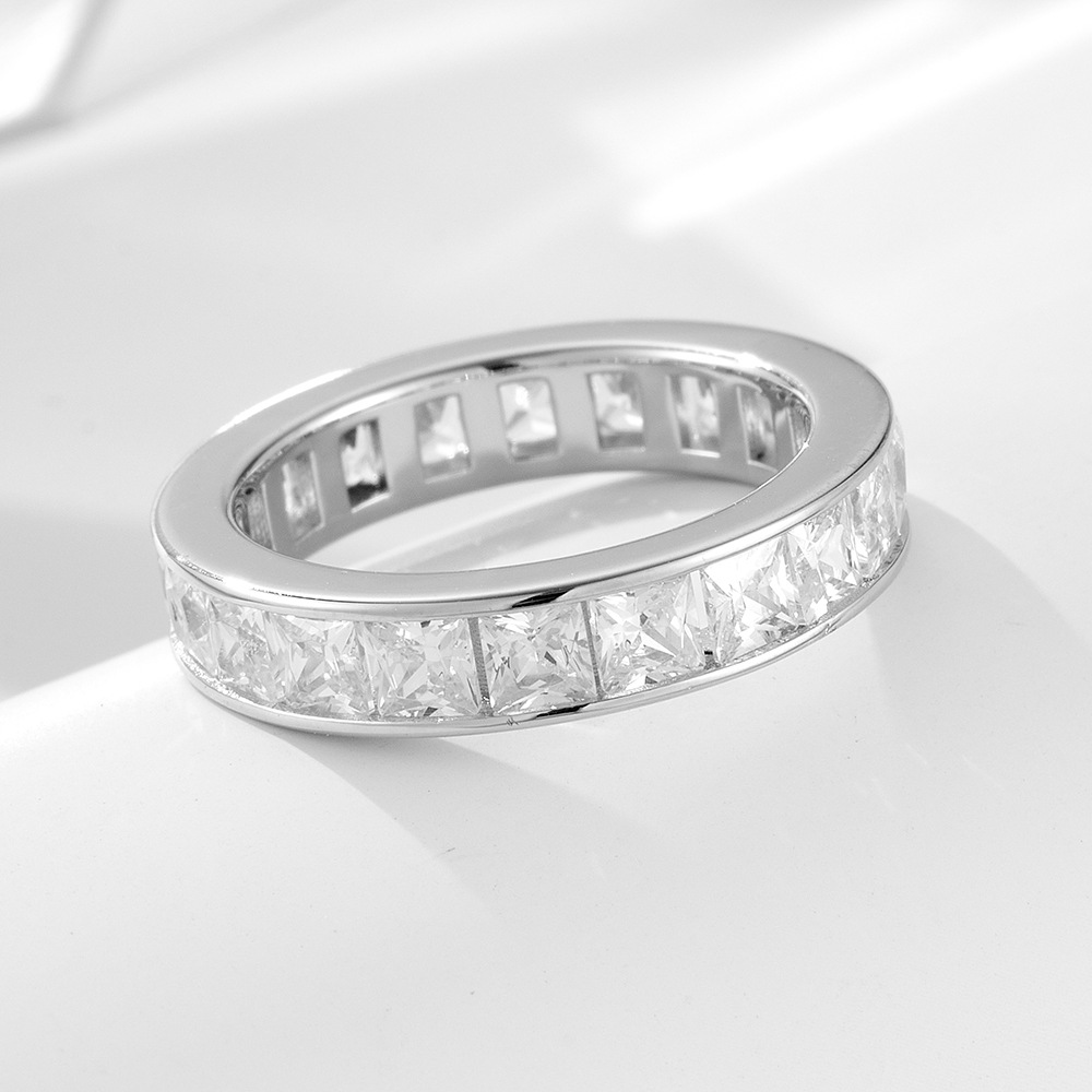 14k gold-plated diamond ring for women, European and American style jewelry, 925 sterling silver, simple, unique, versatile square zircon ring.