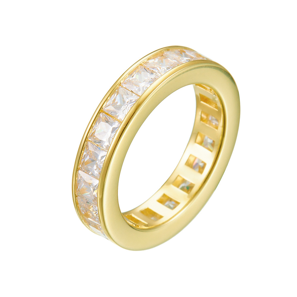 14k gold-plated diamond ring for women, European and American style jewelry, 925 sterling silver, simple, unique, versatile square zircon ring.