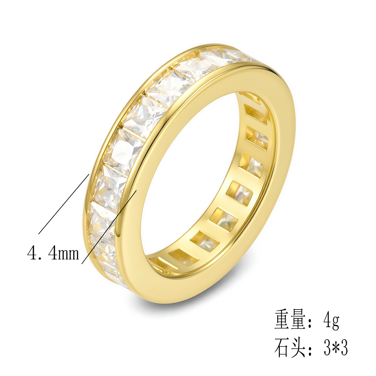 14k gold-plated diamond ring for women, European and American style jewelry, 925 sterling silver, simple, unique, versatile square zircon ring.