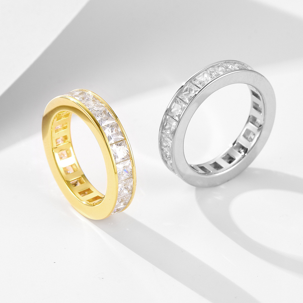 14k gold-plated diamond ring for women, European and American style jewelry, 925 sterling silver, simple, unique, versatile square zircon ring.