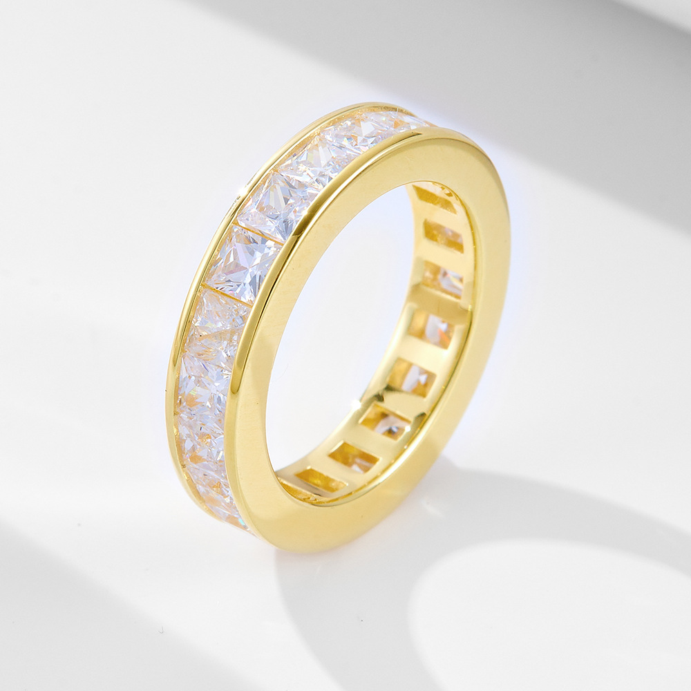 14k gold-plated diamond ring for women, European and American style jewelry, 925 sterling silver, simple, unique, versatile square zircon ring.
