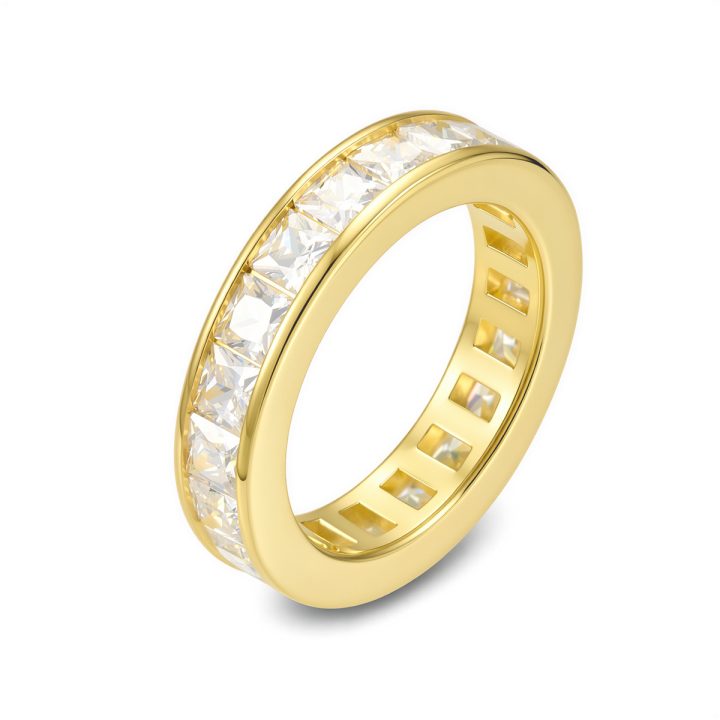14k gold-plated diamond ring for women, European and American style jewelry, 925 sterling silver, simple, unique, versatile square zircon ring.