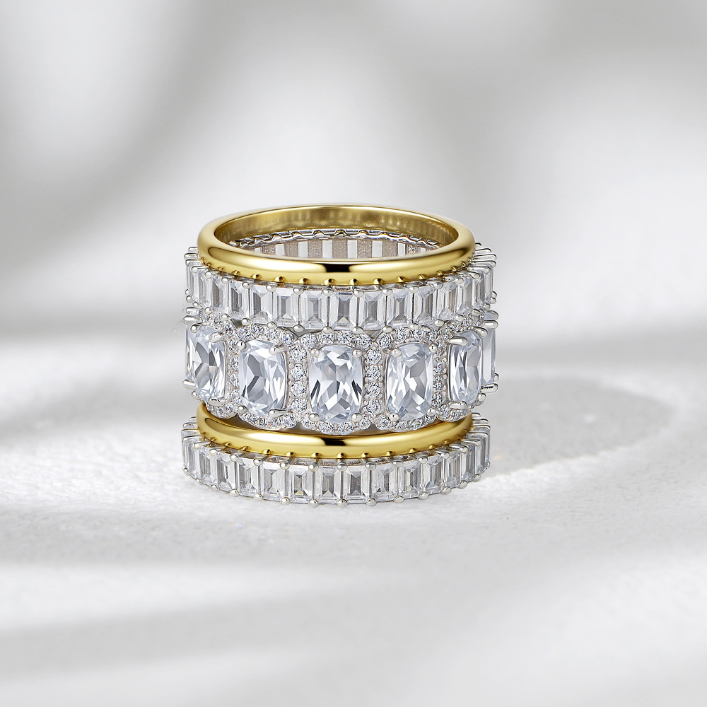 Popular European and American S925 Sterling Silver Full Diamond Ring Set with Geometric Square Zirconia Halo