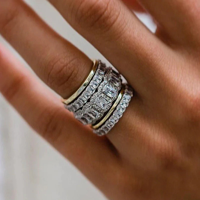Popular European and American S925 Sterling Silver Full Diamond Ring Set with Geometric Square Zirconia Halo