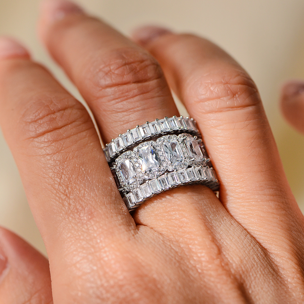 Popular European and American S925 Sterling Silver Full Diamond Ring Set with Geometric Square Zirconia Halo