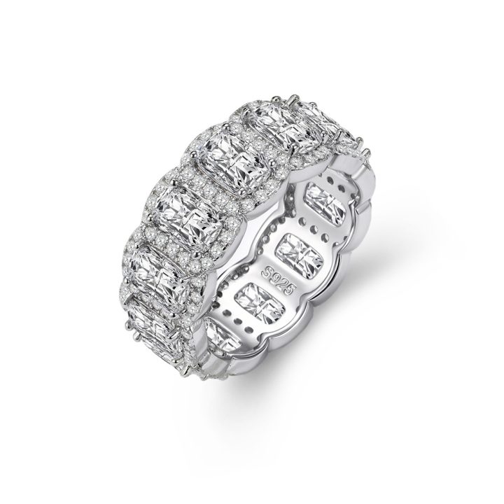 Popular European and American S925 Sterling Silver Full Diamond Ring Set with Geometric Square Zirconia Halo