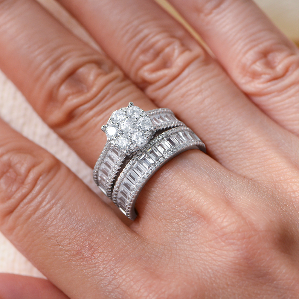 European and American export best-selling S925 sterling silver micro-painted zircon ring set, Wish hot-selling women's wedding ring.