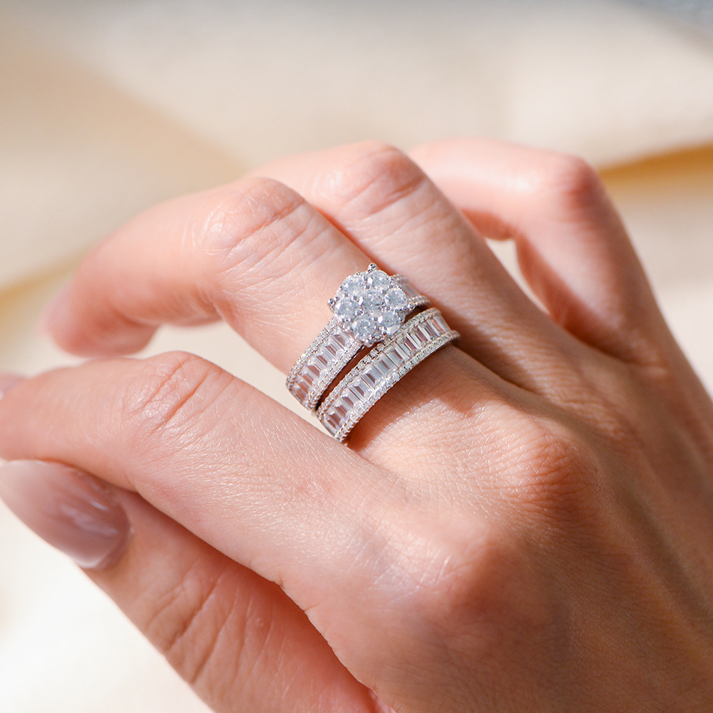 European and American export best-selling S925 sterling silver micro-painted zircon ring set, Wish hot-selling women's wedding ring.