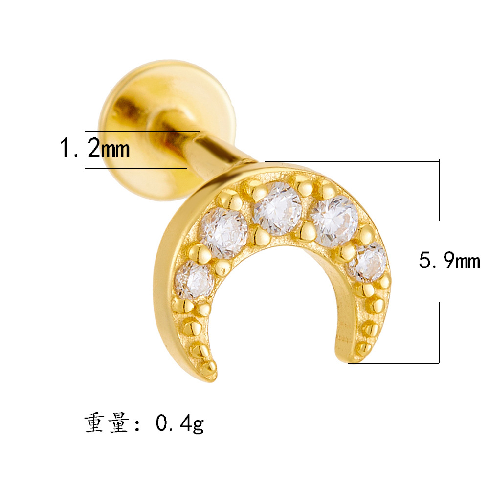 925 Sterling Silver Geometric Diamond-Studded Opal Flathead Ribbed Human Body Piercing Earrings, Trendy European and American Style Jewelry