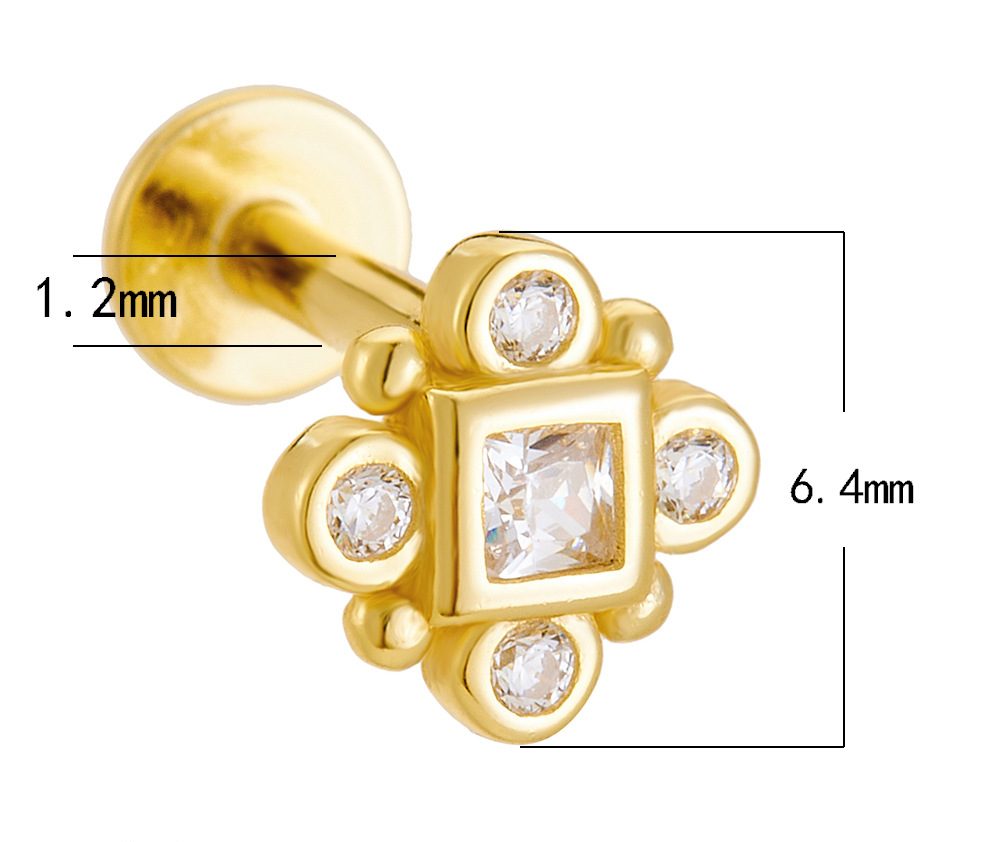 925 Sterling Silver Geometric Diamond-Studded Opal Flathead Ribbed Human Body Piercing Earrings, Trendy European and American Style Jewelry
