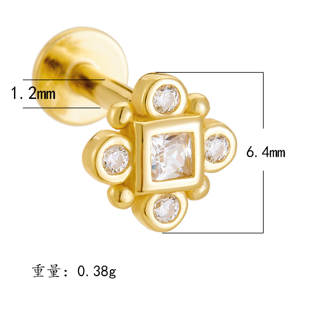 925 Sterling Silver Geometric Diamond-Studded Opal Flathead Ribbed Human Body Piercing Earrings, Trendy European and American Style Jewelry