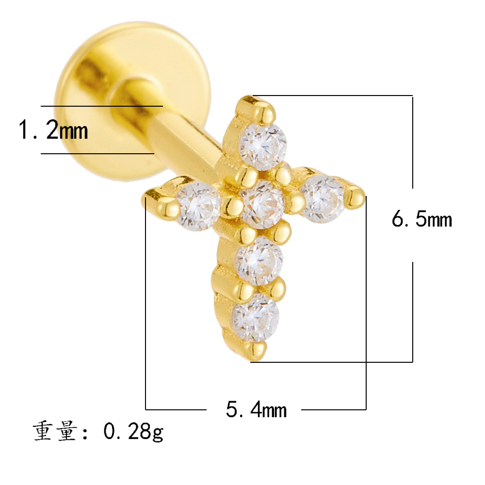 925 Sterling Silver Geometric Diamond-Studded Opal Flathead Ribbed Human Body Piercing Earrings, Trendy European and American Style Jewelry
