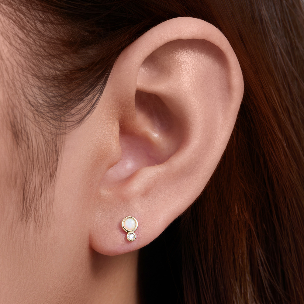 925 Sterling Silver Geometric Diamond-Studded Opal Flathead Ribbed Human Body Piercing Earrings, Trendy European and American Style Jewelry