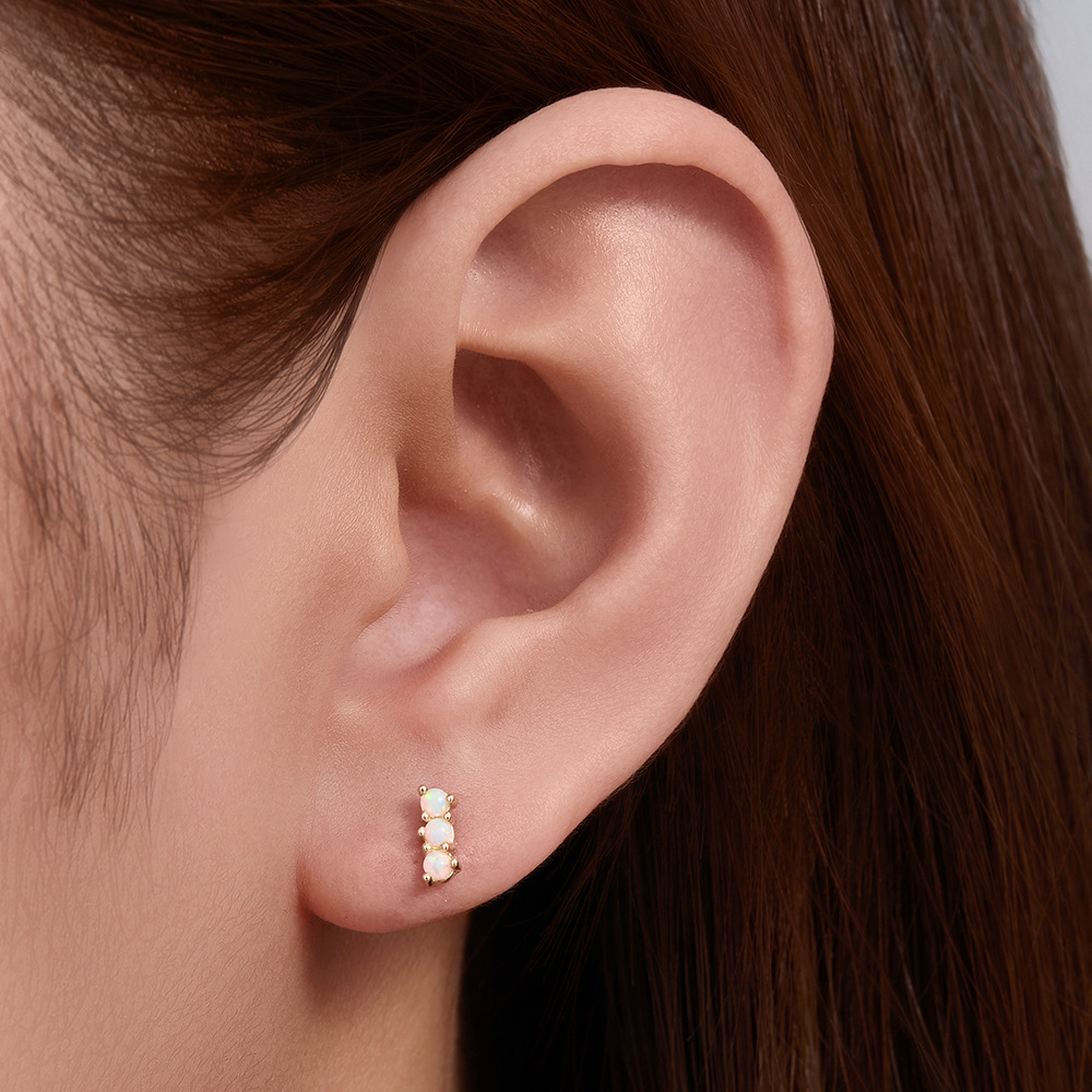 925 Sterling Silver Geometric Diamond-Studded Opal Flathead Ribbed Human Body Piercing Earrings, Trendy European and American Style Jewelry