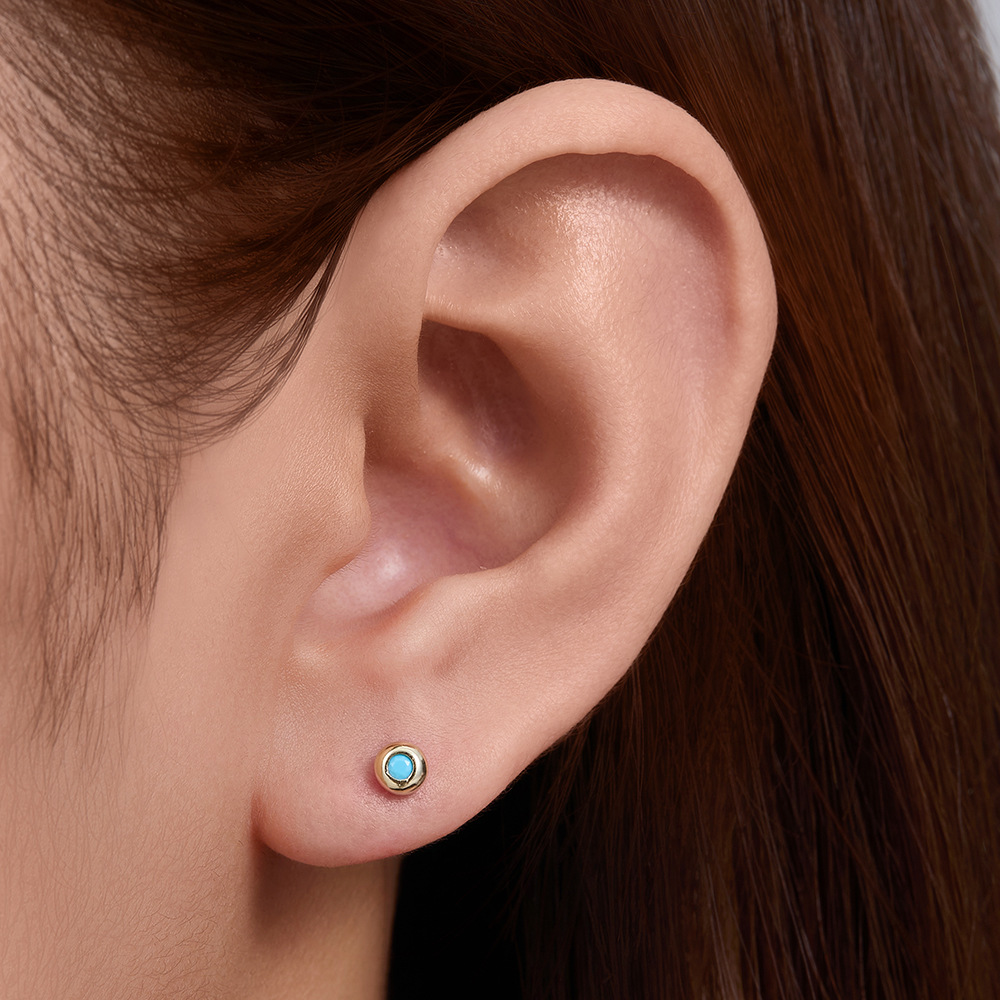 925 Sterling Silver Geometric Diamond-Studded Opal Flathead Ribbed Human Body Piercing Earrings, Trendy European and American Style Jewelry
