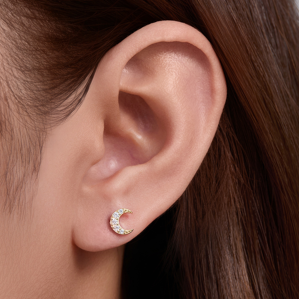925 Sterling Silver Geometric Diamond-Studded Opal Flathead Ribbed Human Body Piercing Earrings, Trendy European and American Style Jewelry