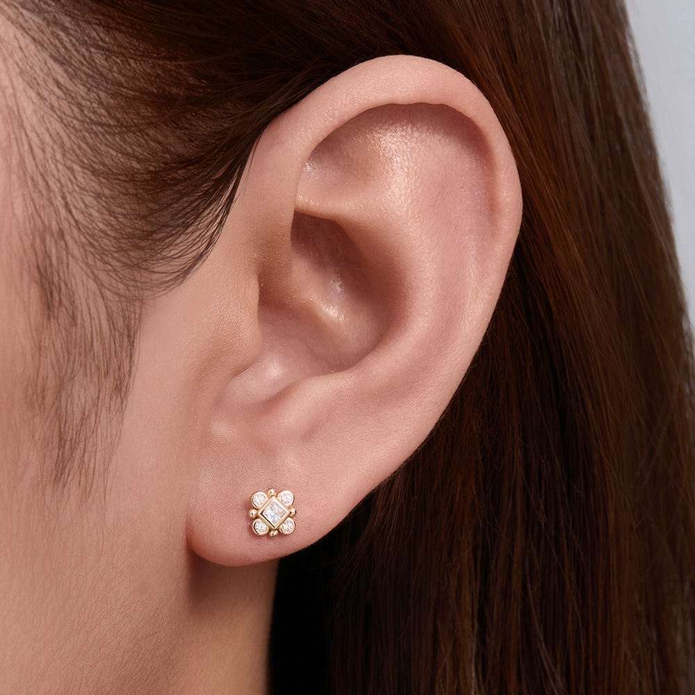 925 Sterling Silver Geometric Diamond-Studded Opal Flathead Ribbed Human Body Piercing Earrings, Trendy European and American Style Jewelry