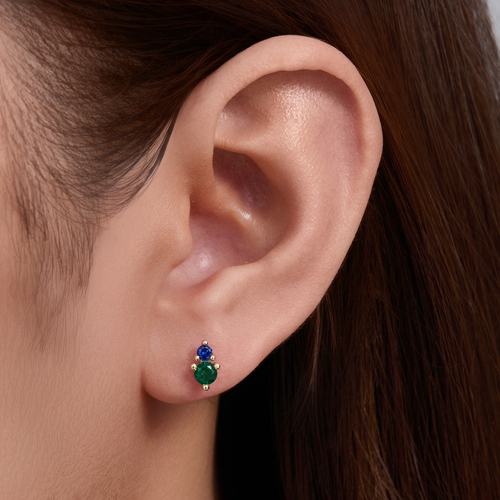 925 Sterling Silver Geometric Diamond-Studded Opal Flathead Ribbed Human Body Piercing Earrings, Trendy European and American Style Jewelry