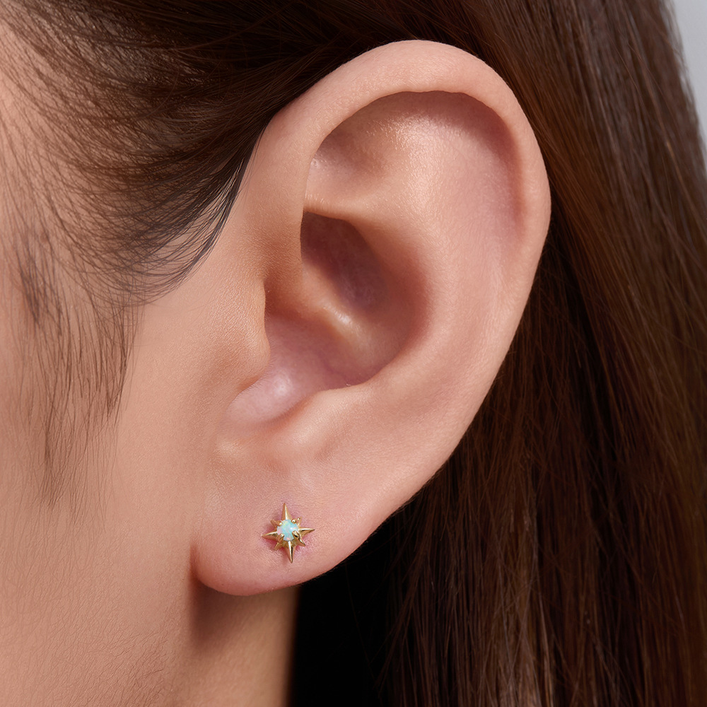 925 Sterling Silver Geometric Diamond-Studded Opal Flathead Ribbed Human Body Piercing Earrings, Trendy European and American Style Jewelry