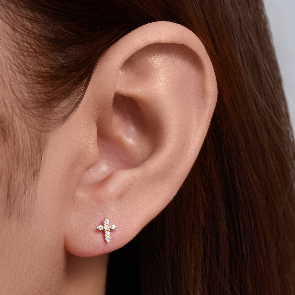 925 Sterling Silver Geometric Diamond-Studded Opal Flathead Ribbed Human Body Piercing Earrings, Trendy European and American Style Jewelry