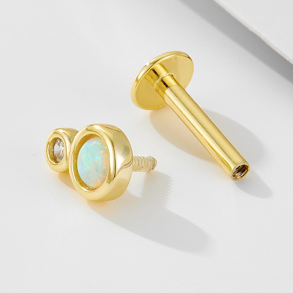 925 Sterling Silver Geometric Diamond-Studded Opal Flathead Ribbed Human Body Piercing Earrings, Trendy European and American Style Jewelry