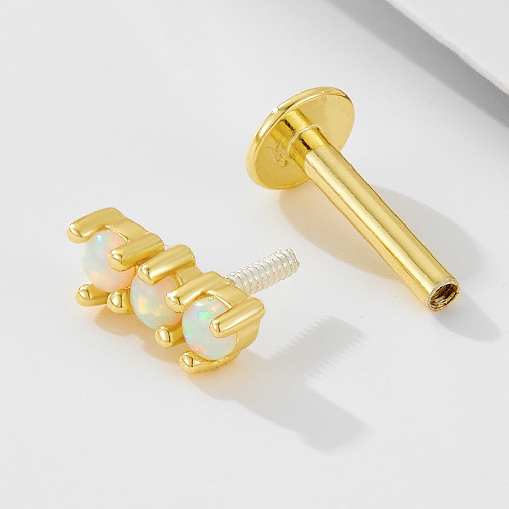925 Sterling Silver Geometric Diamond-Studded Opal Flathead Ribbed Human Body Piercing Earrings, Trendy European and American Style Jewelry