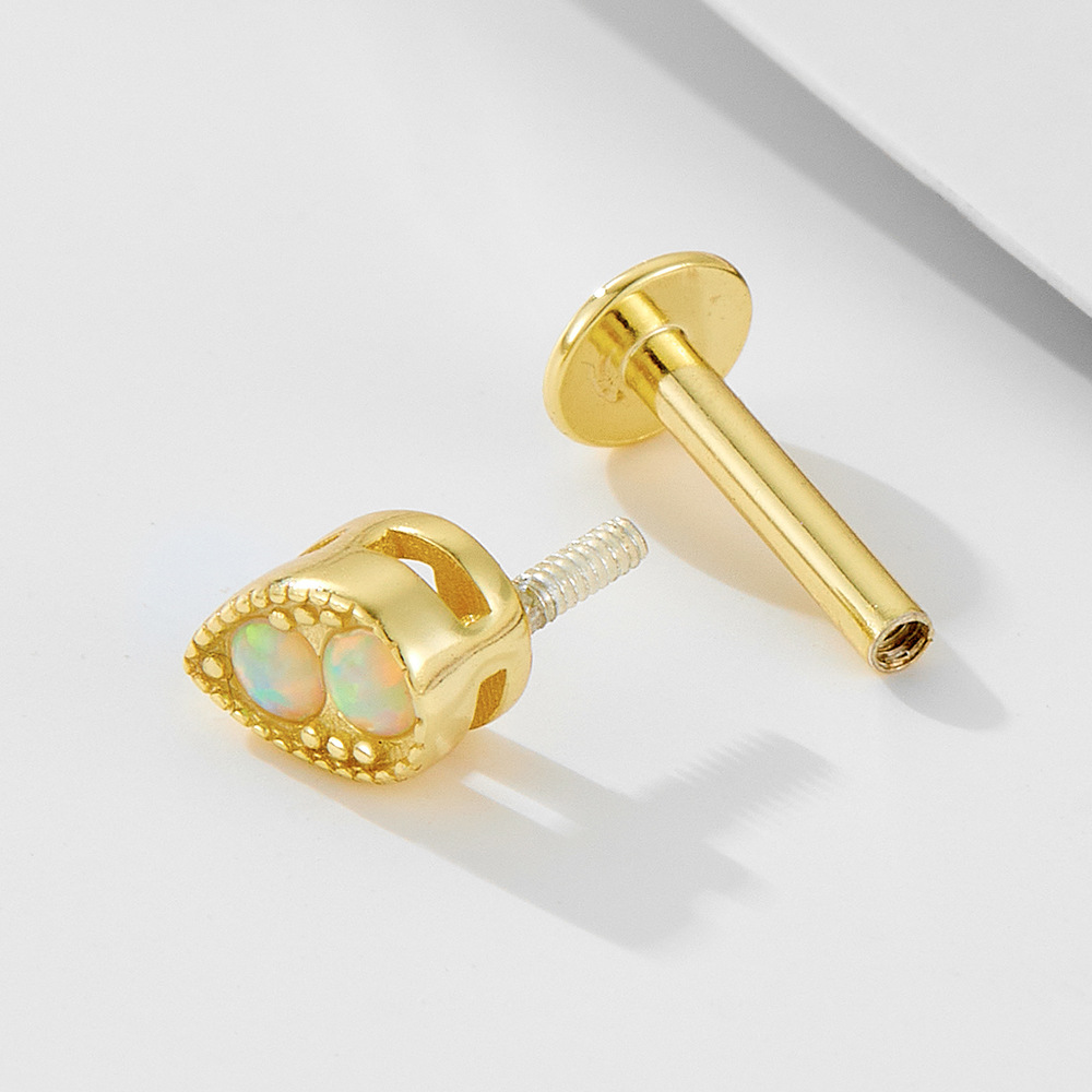 925 Sterling Silver Geometric Diamond-Studded Opal Flathead Ribbed Human Body Piercing Earrings, Trendy European and American Style Jewelry