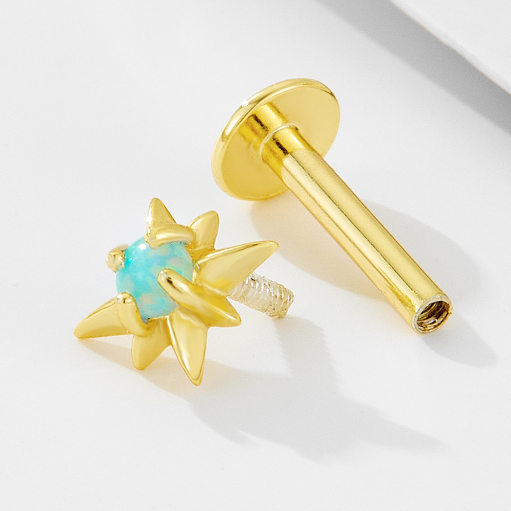925 Sterling Silver Geometric Diamond-Studded Opal Flathead Ribbed Human Body Piercing Earrings, Trendy European and American Style Jewelry