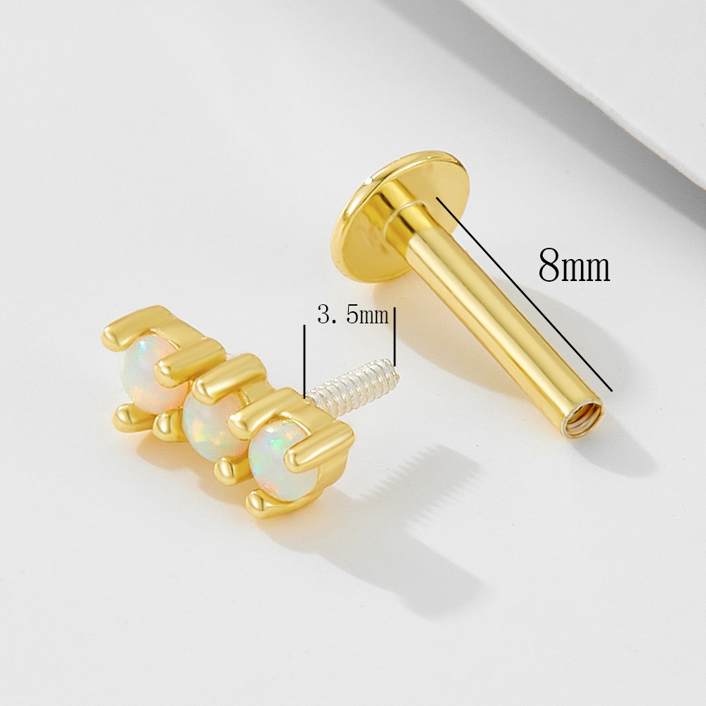 925 Sterling Silver Geometric Diamond-Studded Opal Flathead Ribbed Human Body Piercing Earrings, Trendy European and American Style Jewelry
