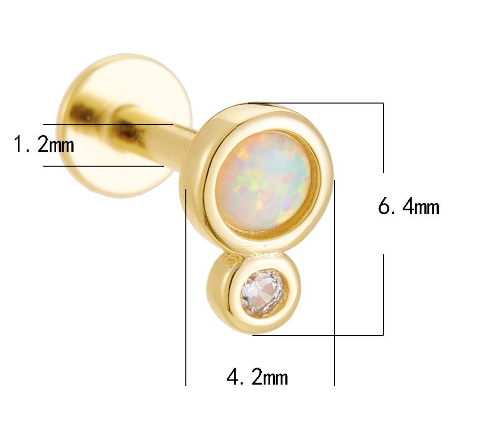 925 Sterling Silver Geometric Diamond-Studded Opal Flathead Ribbed Human Body Piercing Earrings, Trendy European and American Style Jewelry