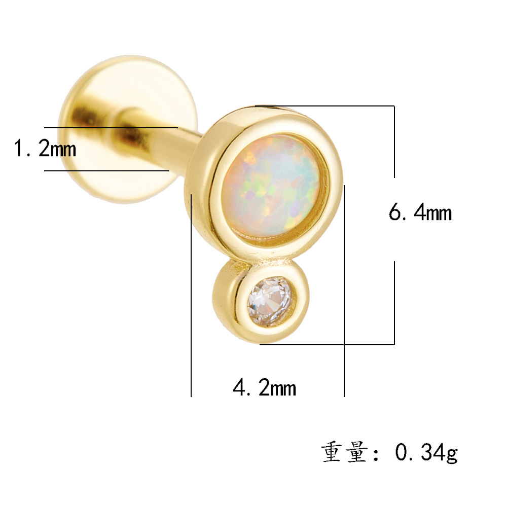 925 Sterling Silver Geometric Diamond-Studded Opal Flathead Ribbed Human Body Piercing Earrings, Trendy European and American Style Jewelry