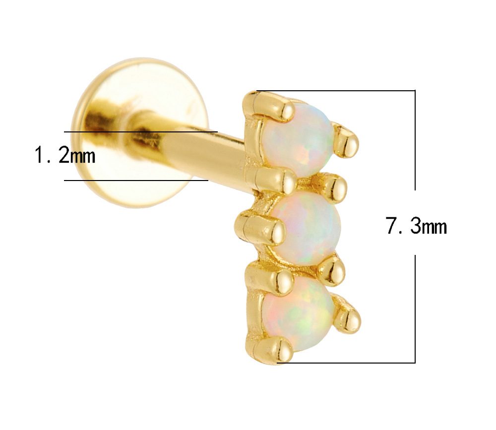 925 Sterling Silver Geometric Diamond-Studded Opal Flathead Ribbed Human Body Piercing Earrings, Trendy European and American Style Jewelry