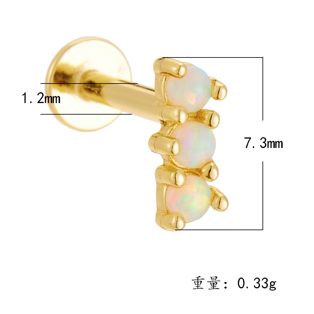 925 Sterling Silver Geometric Diamond-Studded Opal Flathead Ribbed Human Body Piercing Earrings, Trendy European and American Style Jewelry