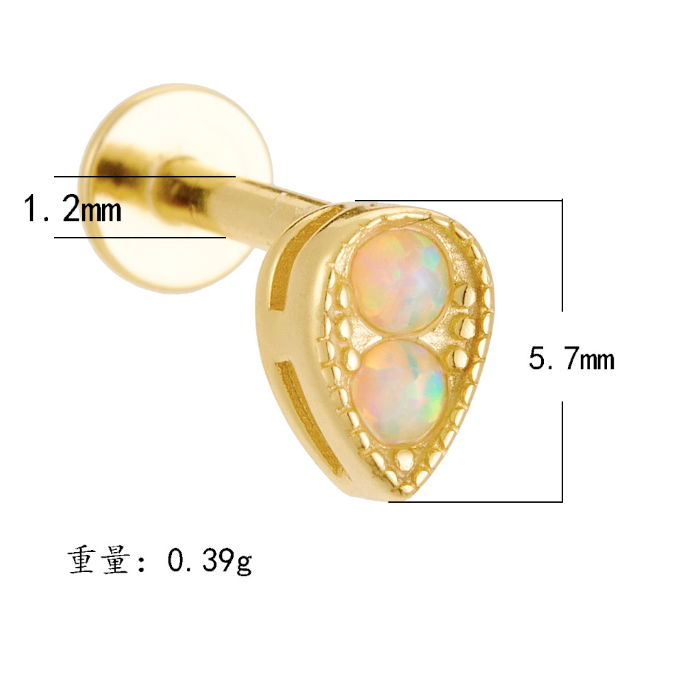 925 Sterling Silver Geometric Diamond-Studded Opal Flathead Ribbed Human Body Piercing Earrings, Trendy European and American Style Jewelry