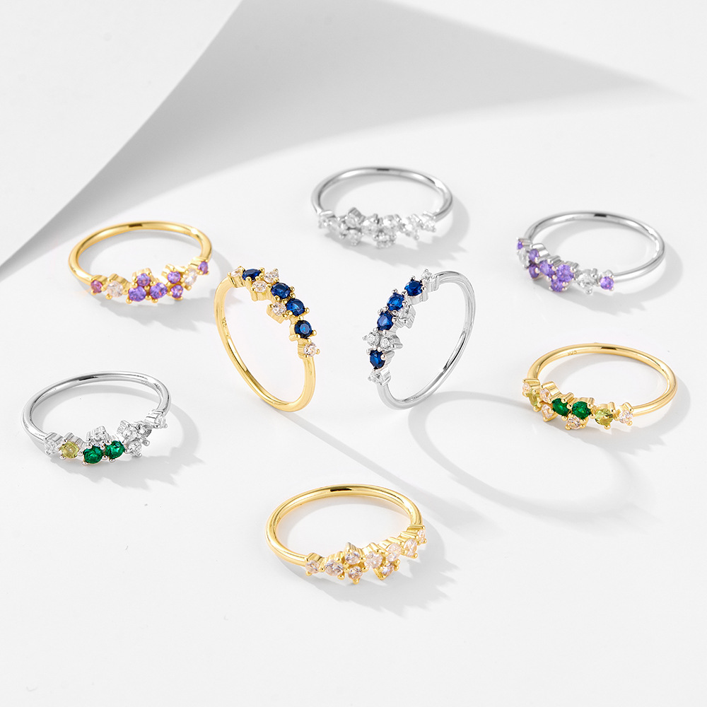 New minimalist Japanese-style light luxury ins multi-color diamond sterling silver ring for women, a hot-selling, fresh and versatile ring.