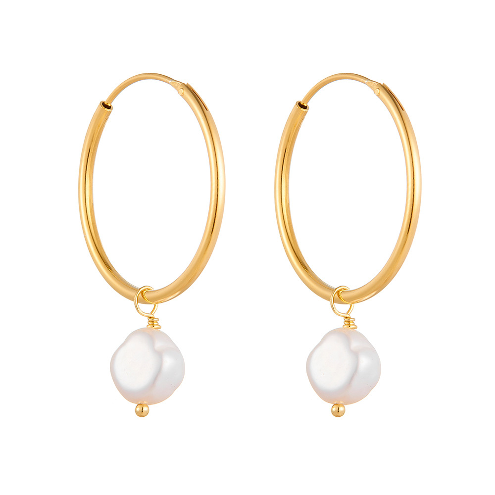 S925 Sterling Silver European and American Style High-End Earrings, Natural Freshwater Pearl Hoop Earrings, Simple Retro Versatile Earrings