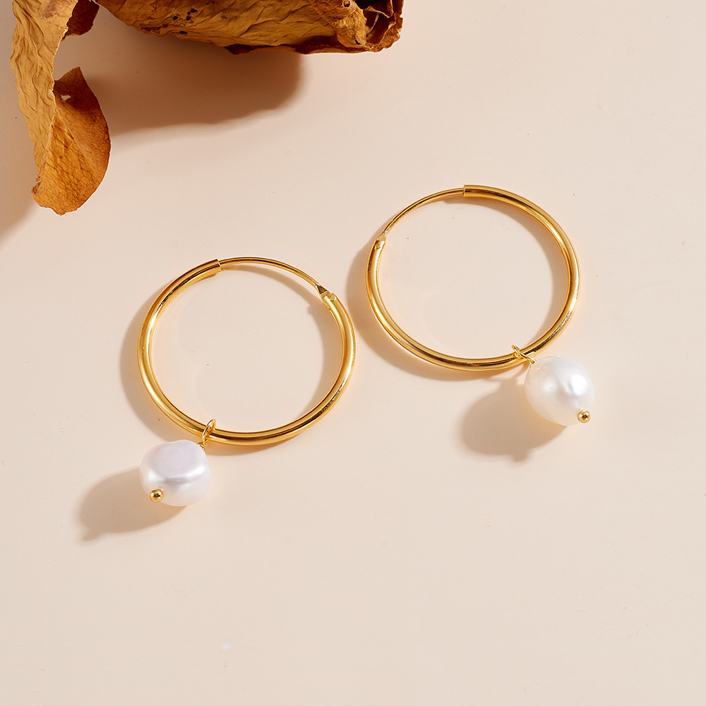 S925 Sterling Silver European and American Style High-End Earrings, Natural Freshwater Pearl Hoop Earrings, Simple Retro Versatile Earrings