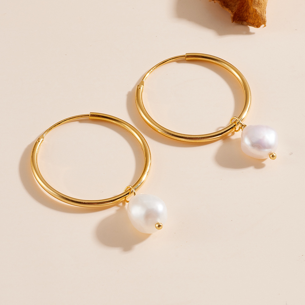 S925 Sterling Silver European and American Style High-End Earrings, Natural Freshwater Pearl Hoop Earrings, Simple Retro Versatile Earrings