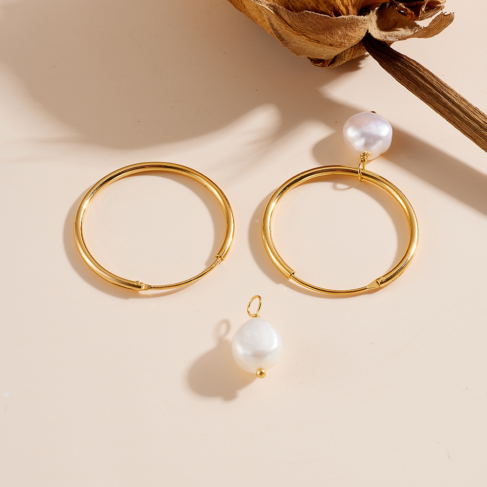 S925 Sterling Silver European and American Style High-End Earrings, Natural Freshwater Pearl Hoop Earrings, Simple Retro Versatile Earrings