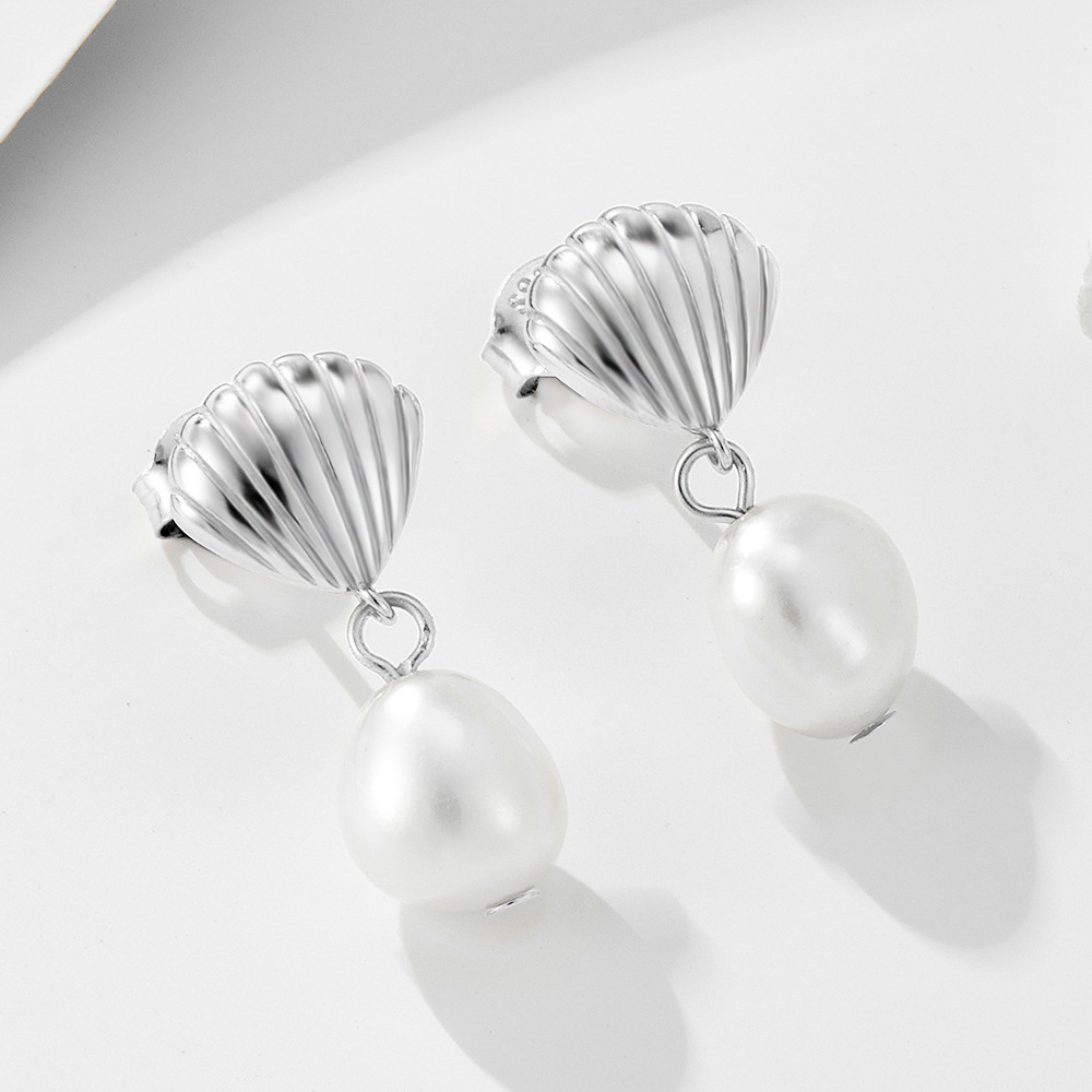 S925 Sterling Silver Shell Natural Irregular Freshwater Pearl Stud Earrings for Women, High-End Niche Luxury Style, INS Style