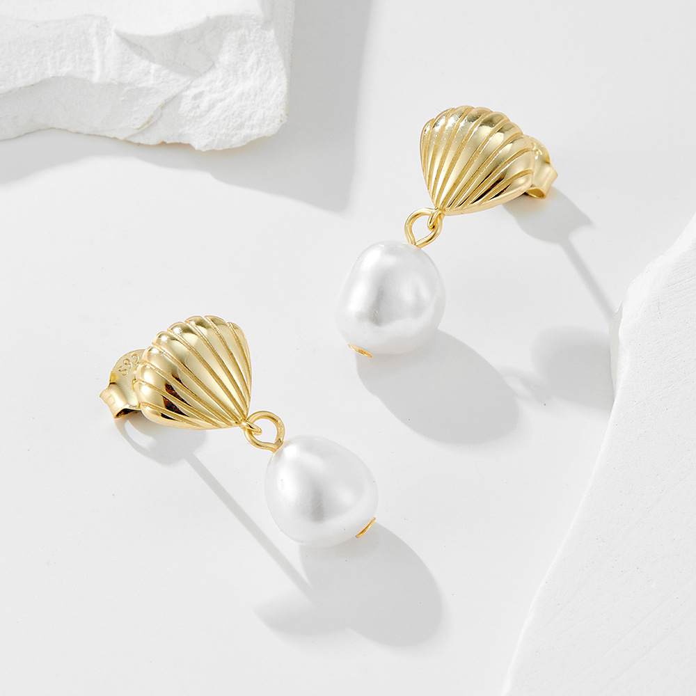 S925 Sterling Silver Shell Natural Irregular Freshwater Pearl Stud Earrings for Women, High-End Niche Luxury Style, INS Style
