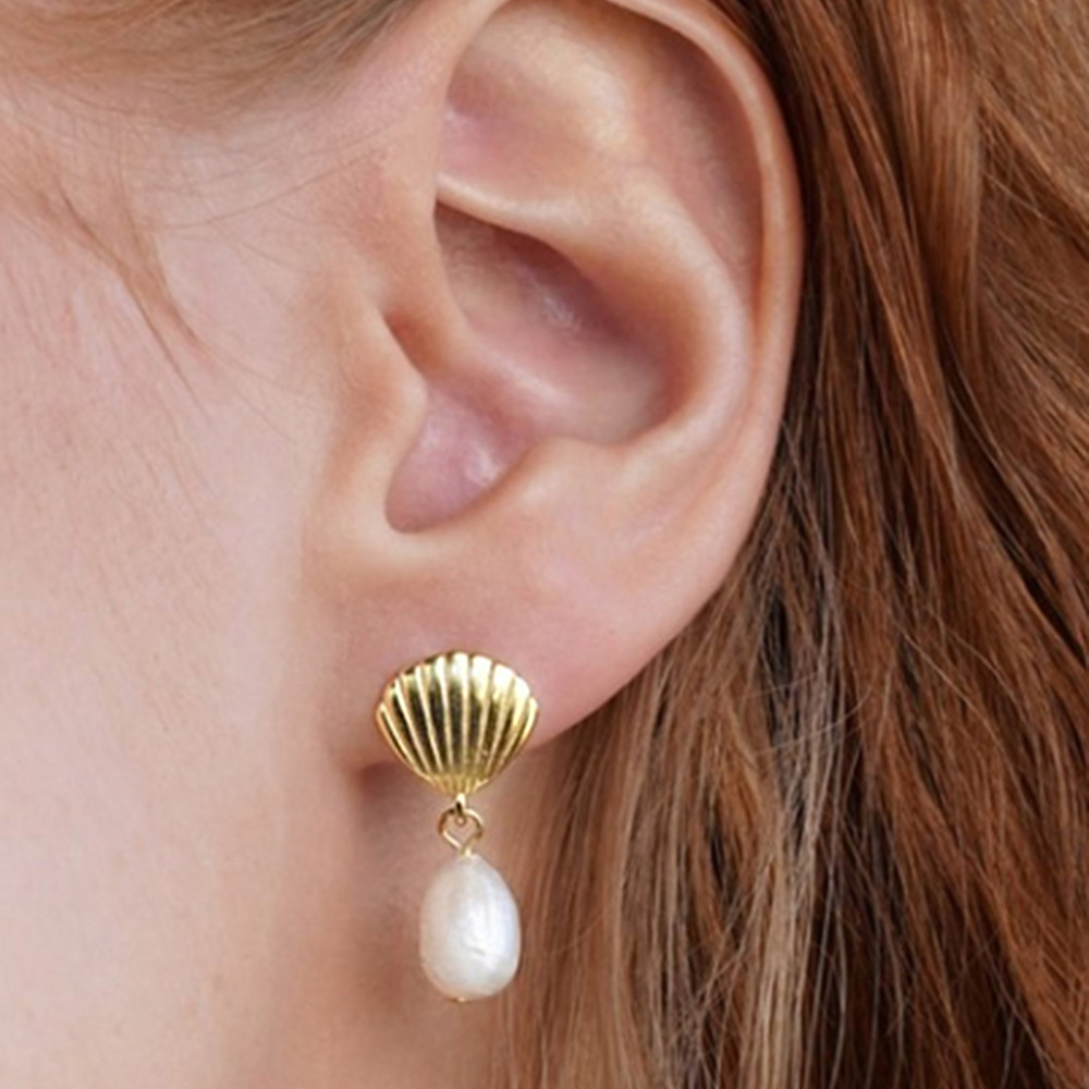 S925 Sterling Silver Shell Natural Irregular Freshwater Pearl Stud Earrings for Women, High-End Niche Luxury Style, INS Style