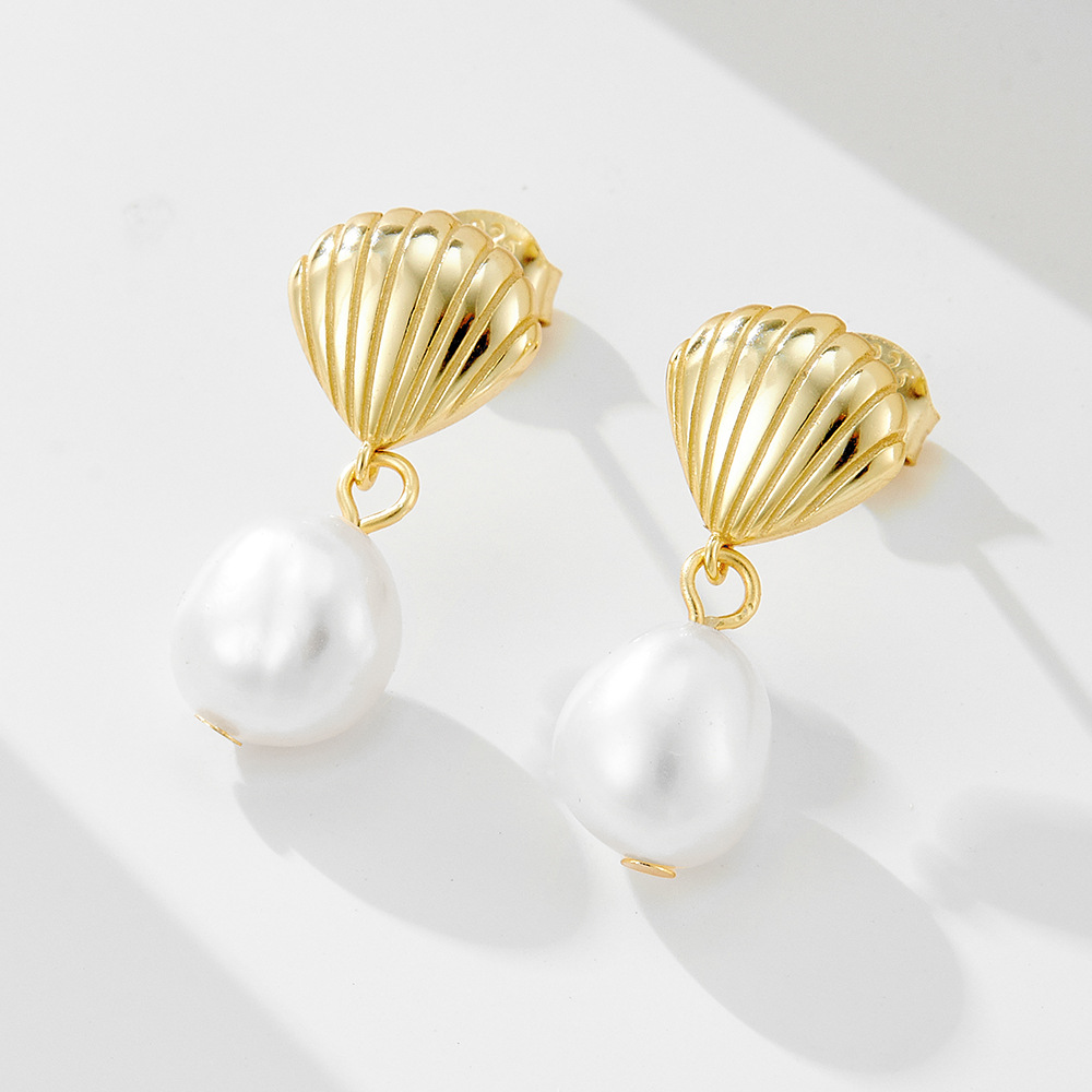 S925 Sterling Silver Shell Natural Irregular Freshwater Pearl Stud Earrings for Women, High-End Niche Luxury Style, INS Style