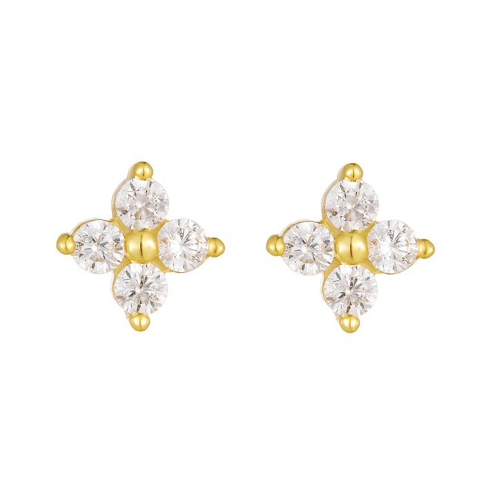 S925 Sterling Silver Four-Leaf Clover Zirconia Stud Earrings for Women, Simple and Versatile European and American Style, Small Flower Earrings