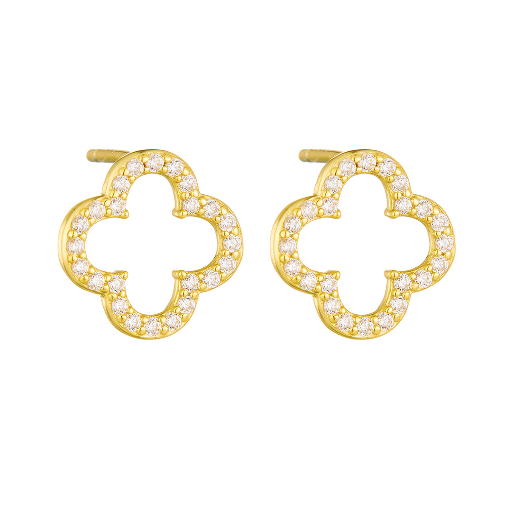 European and American style four-leaf clover stud earrings, 925 sterling silver, full diamond, simple hollow earrings, unique, fashionable and high-end earrings.