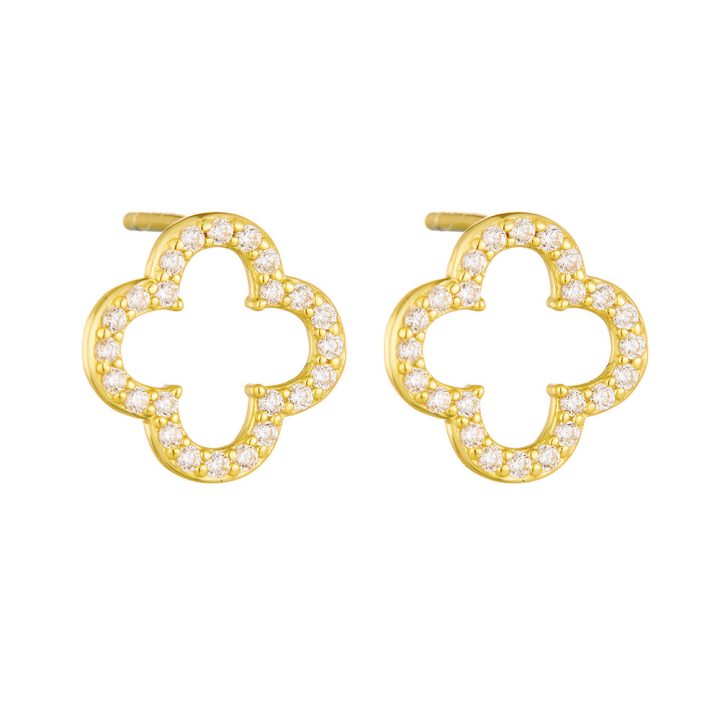 European and American style four-leaf clover stud earrings, 925 sterling silver, full diamond, simple hollow earrings, unique, fashionable and high-end earrings.
