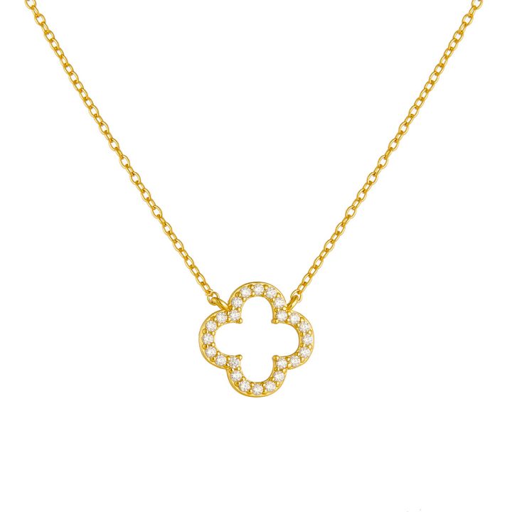 S925 Sterling Silver Fashionable and Elegant Hollow Out Diamond-Studded Four-Leaf Clover Necklace for Women, High-End European and American Style Pendant Choker Chain