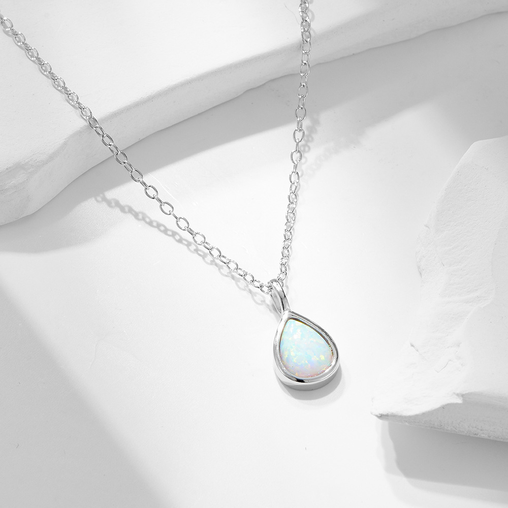 S925 Sterling Silver Geometric Pear-Shaped Opal Necklace, European and American Luxury, Ins Style, High-End, Simple Teardrop Pendant, Clavicle Chain